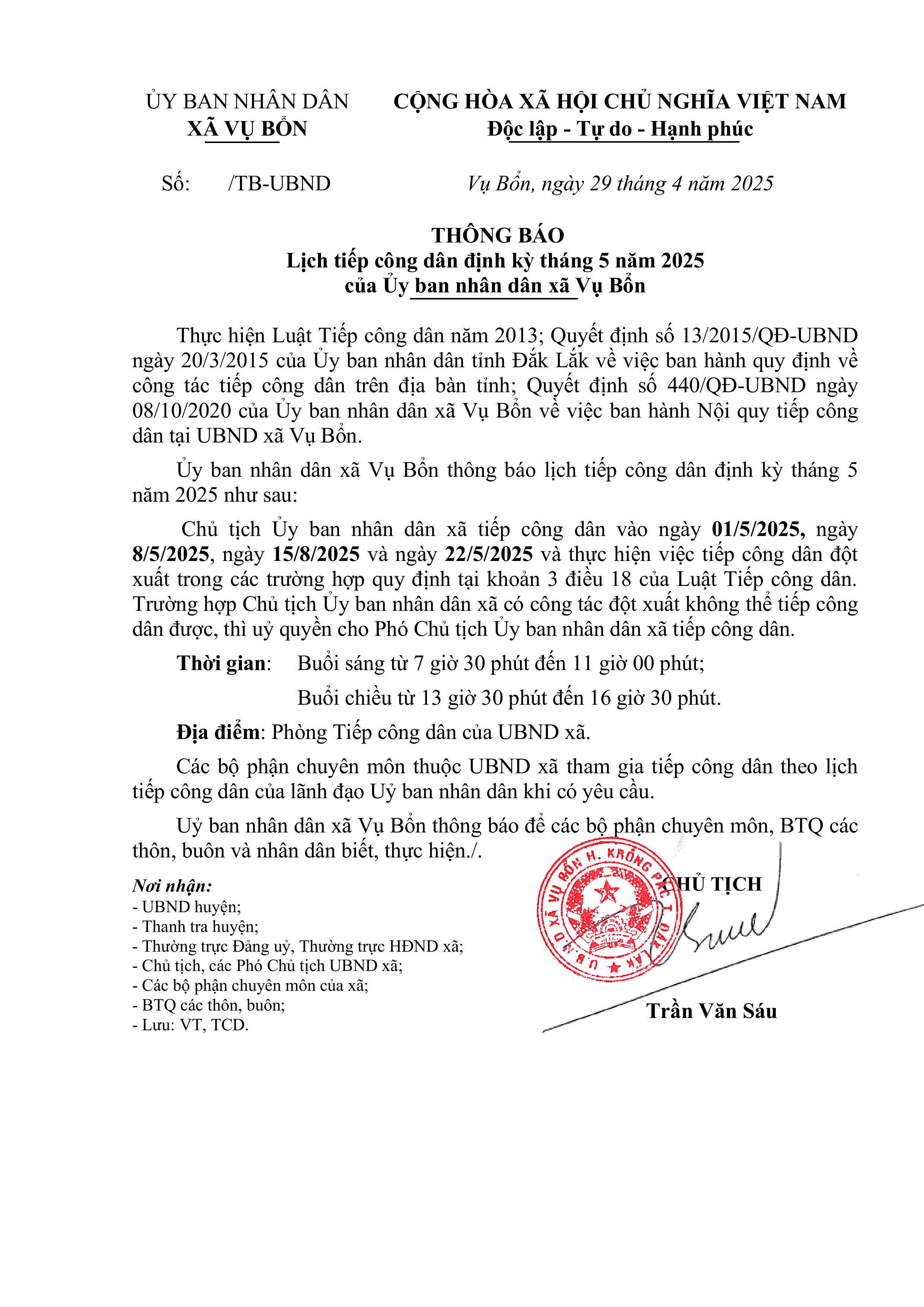 THÔNG BÁO LỊCH TIẾP CÔNG DÂN ĐỊNH KỲ THÁNG 5 NĂM 2025 CỦA ỦY BAN NHÂN DÂN XÃ VỤ BỔN